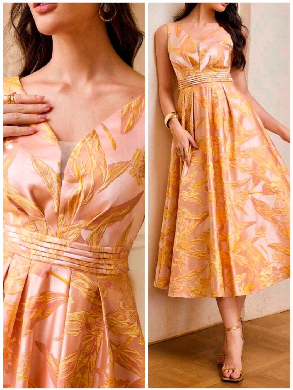 New Luxe Floral Jacquard Pleated Waist Long Dress Sleeveless Orange Pink Yellow